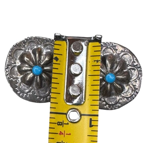 Native American Sterling Silver Navajo Handmade Concho Turquoise Post Earrings - Picture 4 of 5